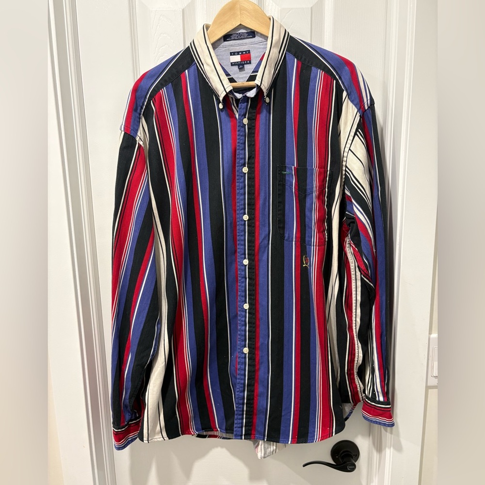 Vintage Tommy Hilfiger Men’s Multi-Stripe Button-Down Shirt - XL CLEAR OUT SALE